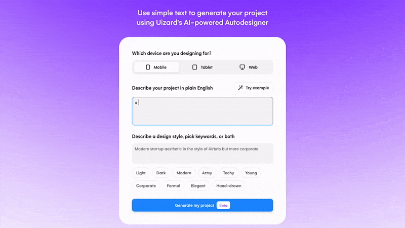 typing out an app idea in uizard autodesigner