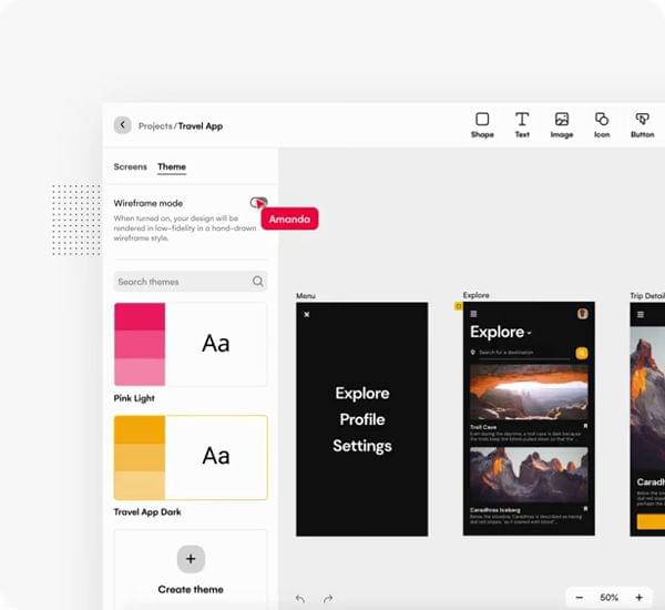 Video of Uizard supports wireframe mode to render designs in low-fidelity.