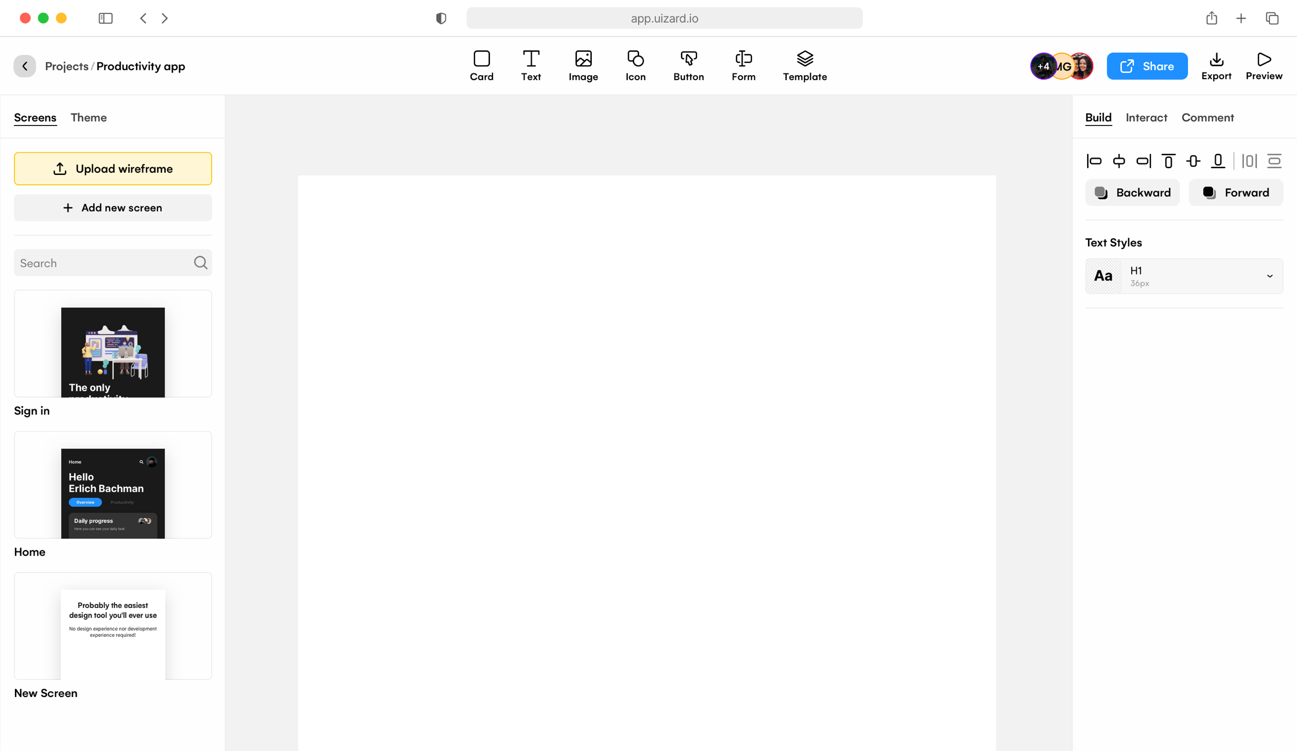 Screenshot of the Uizard's design tool
