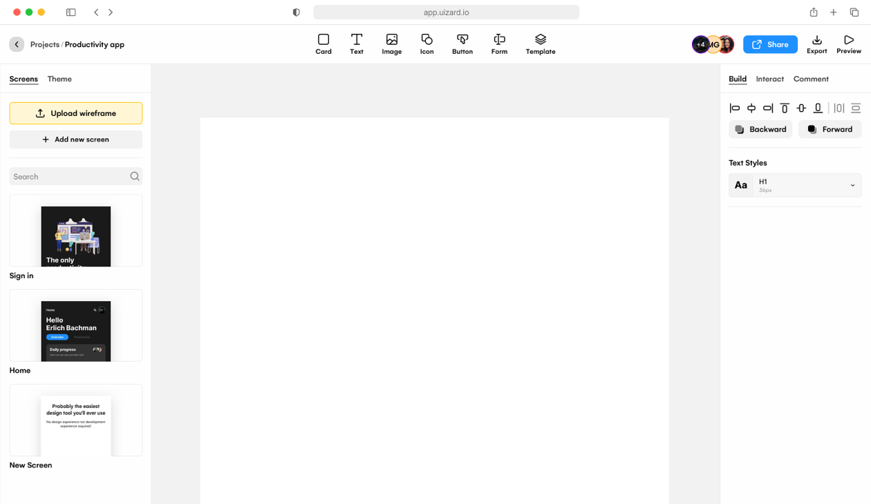 Screenshot of the Uizard's design tool